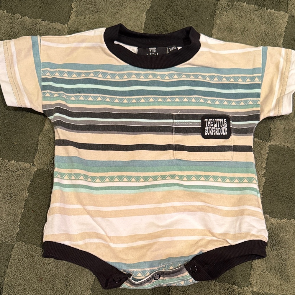 The Little Surferdude Striped Short-Sleeve Baby Bodysuit - Cream & Teal
